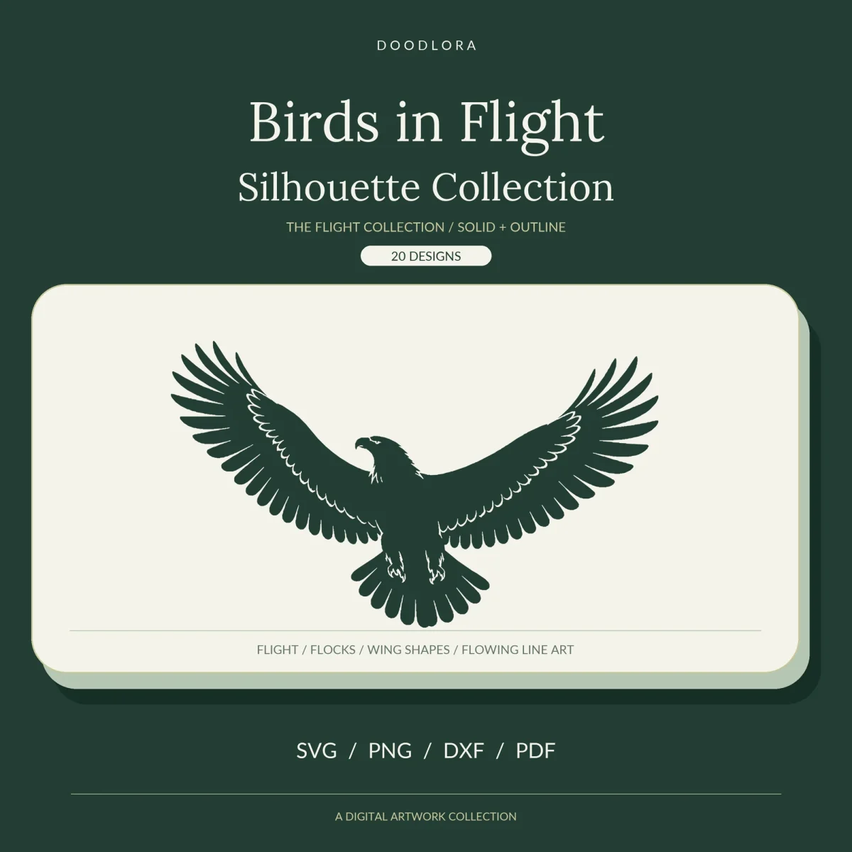 An eagle with spread wings as a dark green silhouette on a cream panel under the title Birds in Flight Silhouette Collection, 20 designs, solid plus outline