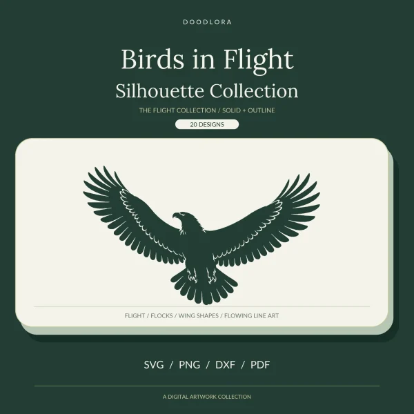 An eagle with spread wings as a dark green silhouette on a cream panel under the title Birds in Flight Silhouette Collection, 20 designs, solid plus outline