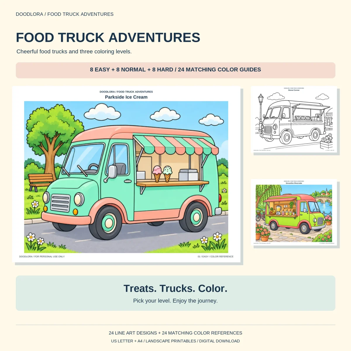 Colored Parkside Ice Cream page, a mint and pink truck with a striped awning and cones on the counter, beside a Donut Corner outline and a Smoothie Riverside page