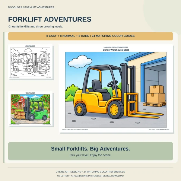 Colored Sunny Warehouse Start page, a yellow forklift carrying a pallet of boxes out of a warehouse door, beside a Pumpkin Patch Pickup outline and an Orchard Loading Day page