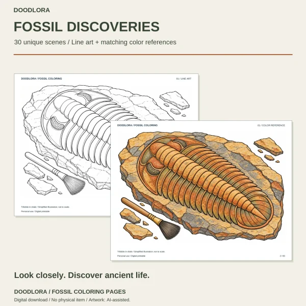 Design 01, a trilobite on a cracked shale slab with a brush beside it, as a line drawing and as an orange and gray color page