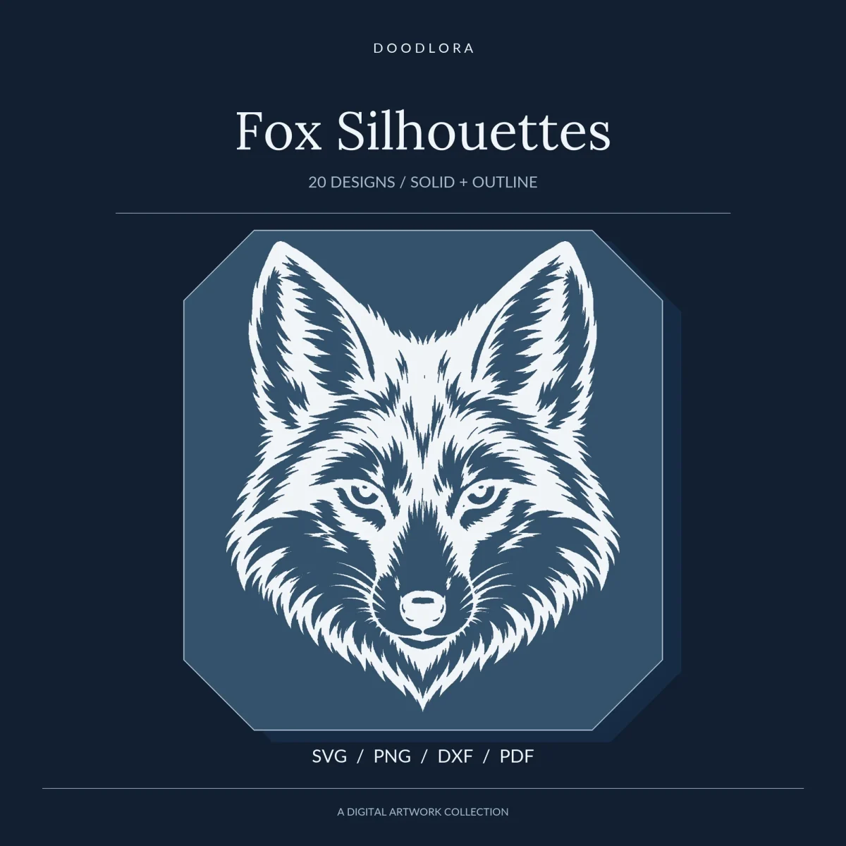 Front-facing fox head with white fur strokes on a slate blue panel, under the title Fox Silhouettes, 20 designs, solid and outline