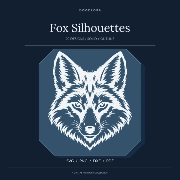 Front-facing fox head with white fur strokes on a slate blue panel, under the title Fox Silhouettes, 20 designs, solid and outline