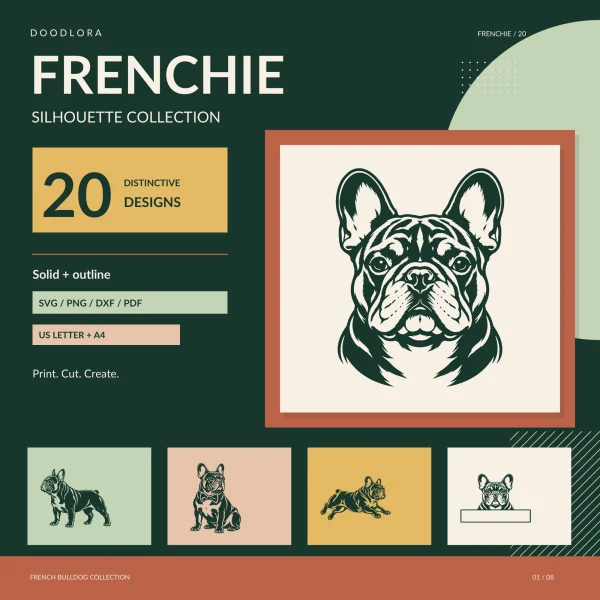 A dark green front-facing French bulldog head with tall bat ears in a rust frame, beside four small tiles of a standing dog, a bow tie dog, a leaping dog and the name frame design