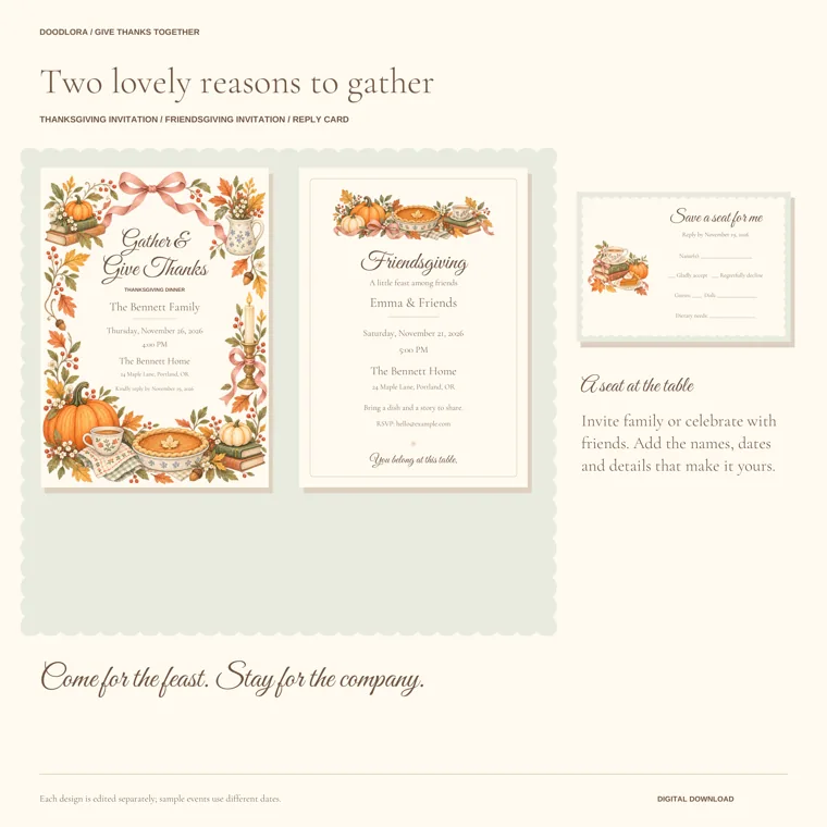 The Thanksgiving dinner invitation, the Friendsgiving invitation with a pie and pumpkin header, and a Save a seat for me reply card
