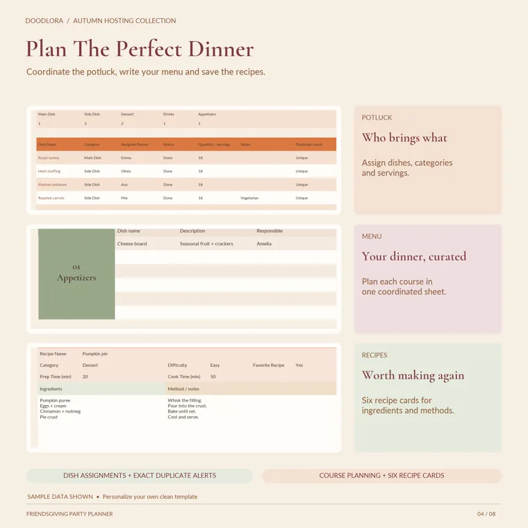 Potluck tracker rows for roast turkey, stuffing, mashed potatoes and carrots, the appetizers block of the menu tab, and a pumpkin pie recipe card
