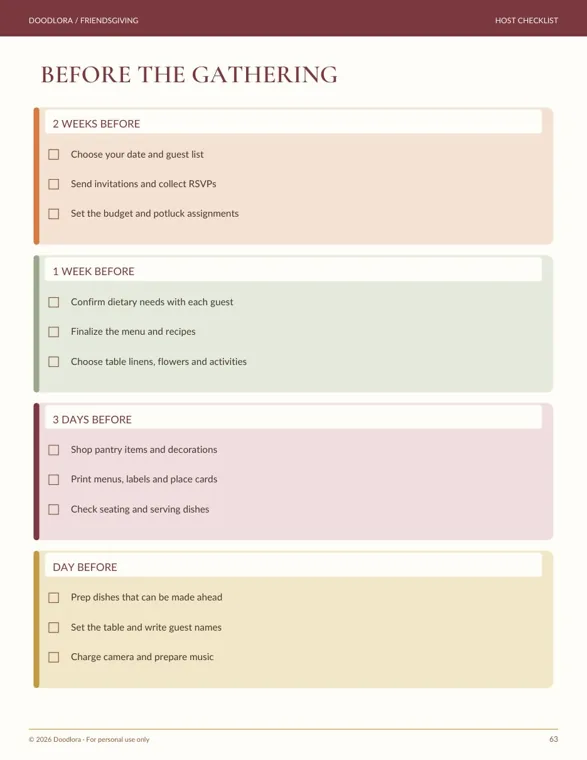 The Before the Gathering checklist page with tasks for two weeks, one week, three days and the day before