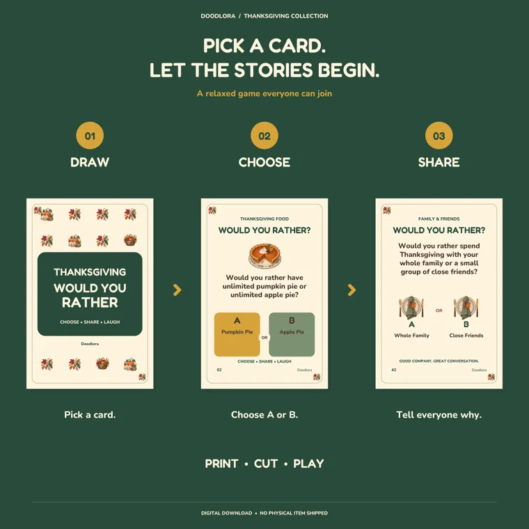 Draw, choose and share shown with the card back, a pie question and a whole family or close friends question