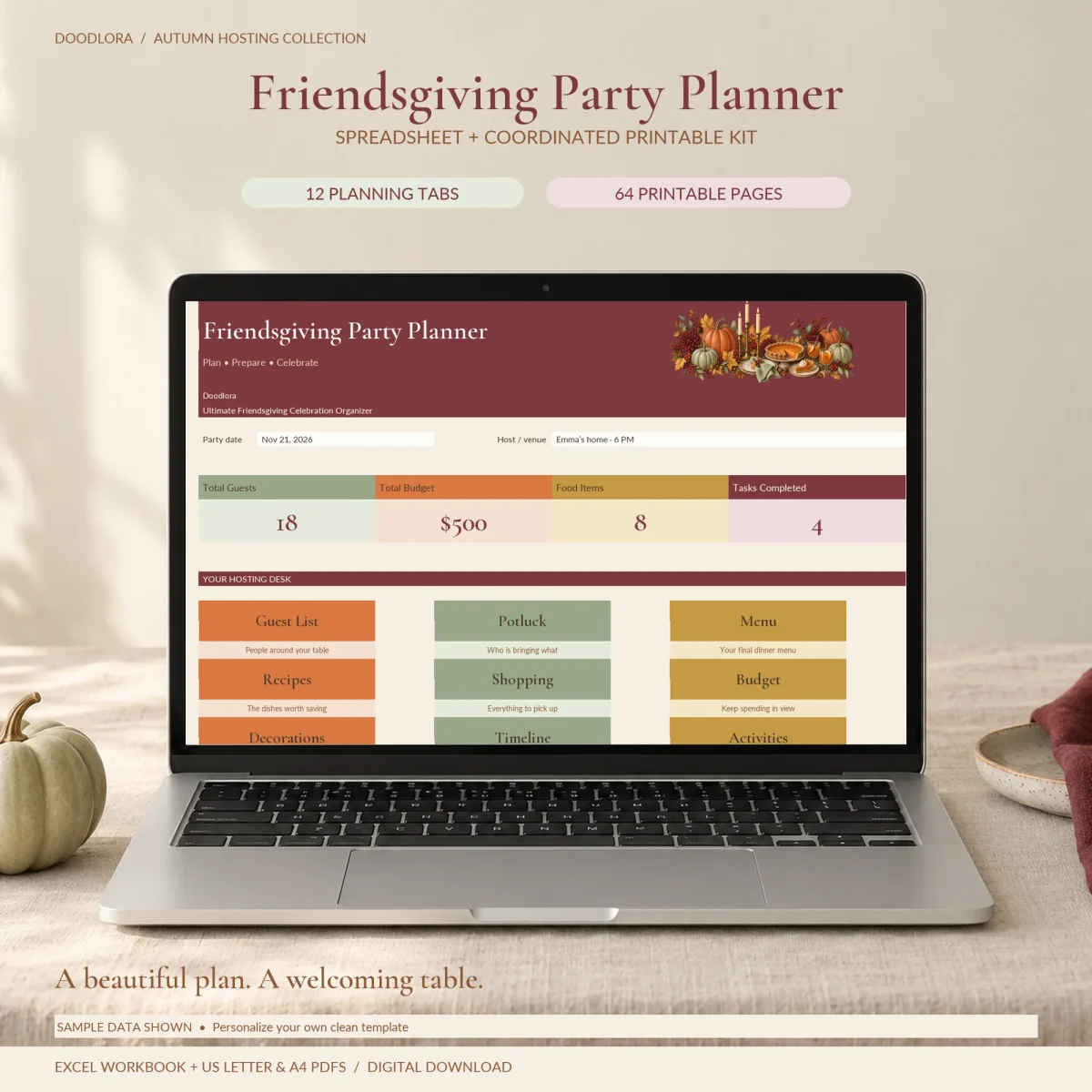 The planner's dashboard on a laptop, with a party date, four summary tiles for guests, budget, food items and tasks, and colored links to the planning tabs