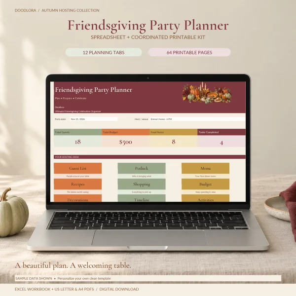 The planner's dashboard on a laptop, with a party date, four summary tiles for guests, budget, food items and tasks, and colored links to the planning tabs