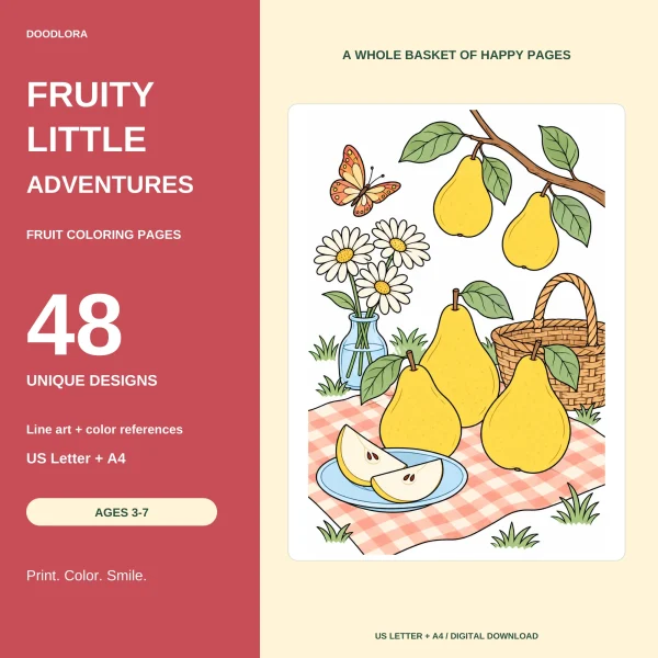 Fruity Little Adventures title panel with the number 48 and an ages 3-7 badge, beside a colored page of yellow pears, daisies and a basket on a pink checked cloth