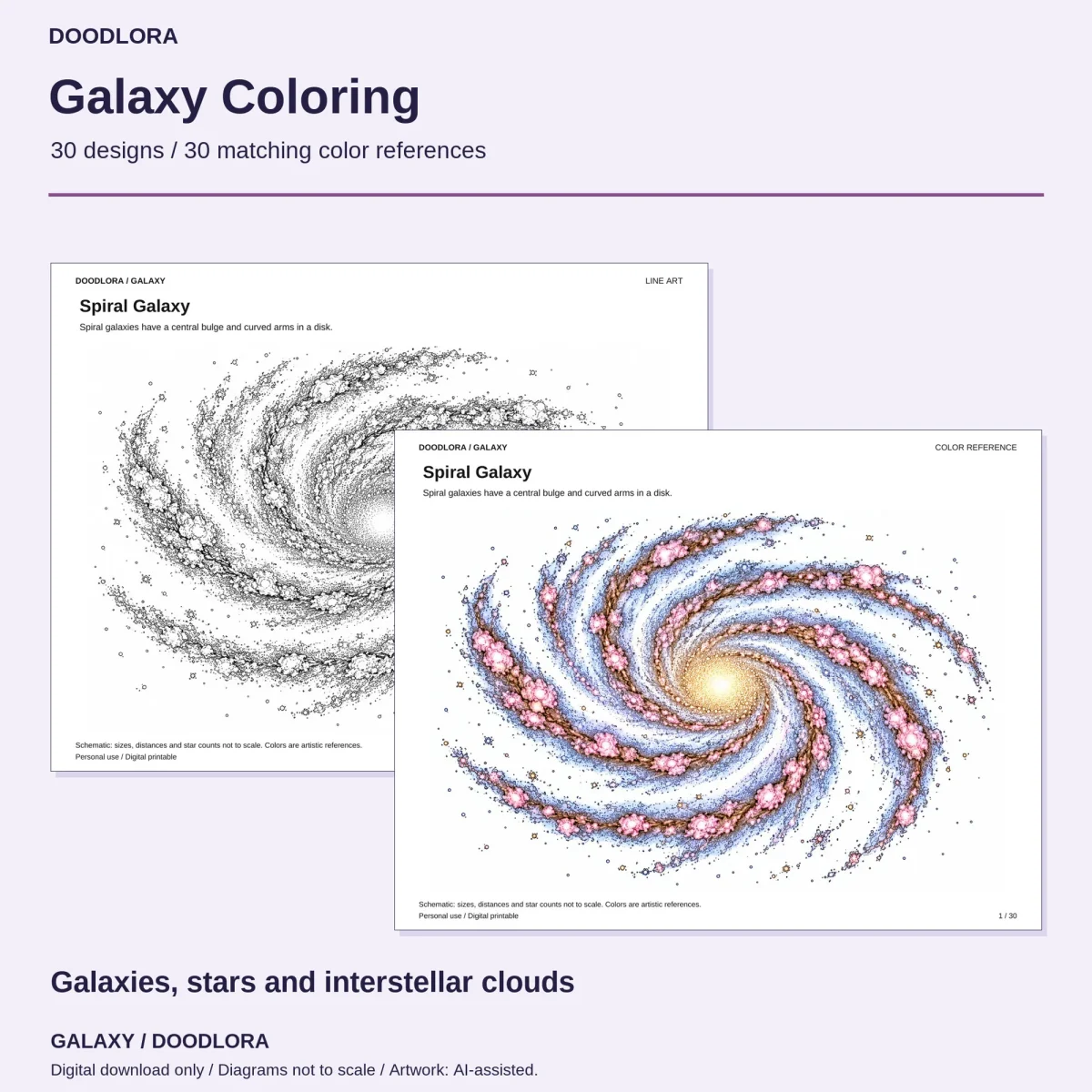 Spiral Galaxy page as stippled line art and as a color reference with blue and pink arms around a gold center