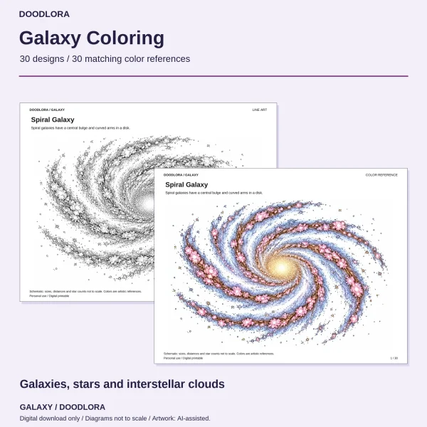 Spiral Galaxy page as stippled line art and as a color reference with blue and pink arms around a gold center