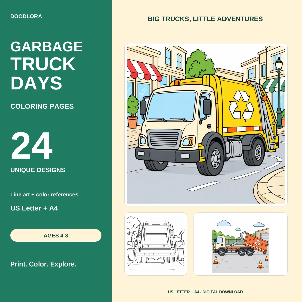 Cover reading Garbage Truck Days, 24 unique designs, with a yellow garbage truck on a shop street and two smaller pages, a rear view and an orange hook-lift container