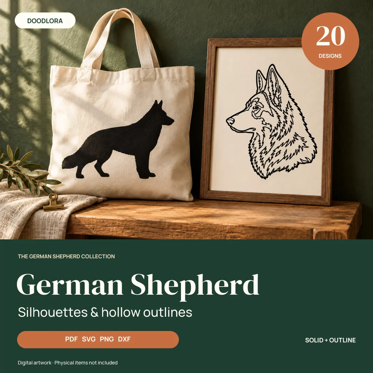 Canvas tote bag printed with a black standing German Shepherd silhouette beside a framed outline drawing of a shepherd head in profile
