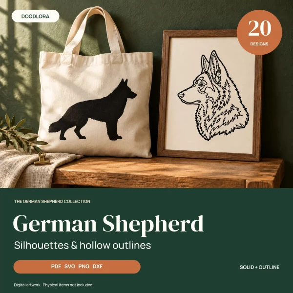 Canvas tote bag printed with a black standing German Shepherd silhouette beside a framed outline drawing of a shepherd head in profile