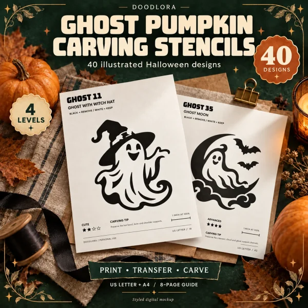 Two printed ghost stencils, a ghost in a witch hat and a ghost on a crescent moon with bats, on a table with small pumpkins