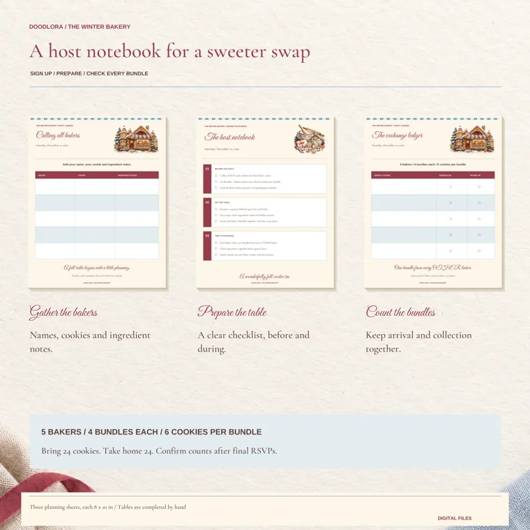 Three 8 x 10 sheets: a Calling all bakers sign-up table, a host notebook checklist and an exchange ledger with check boxes