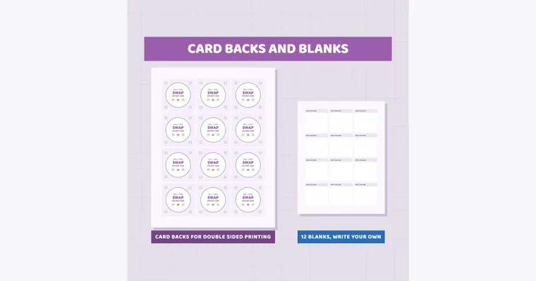 Roll Then Swap card backs beside twelve blank write-your-own cards, in a purple display headed Card Backs and Blanks