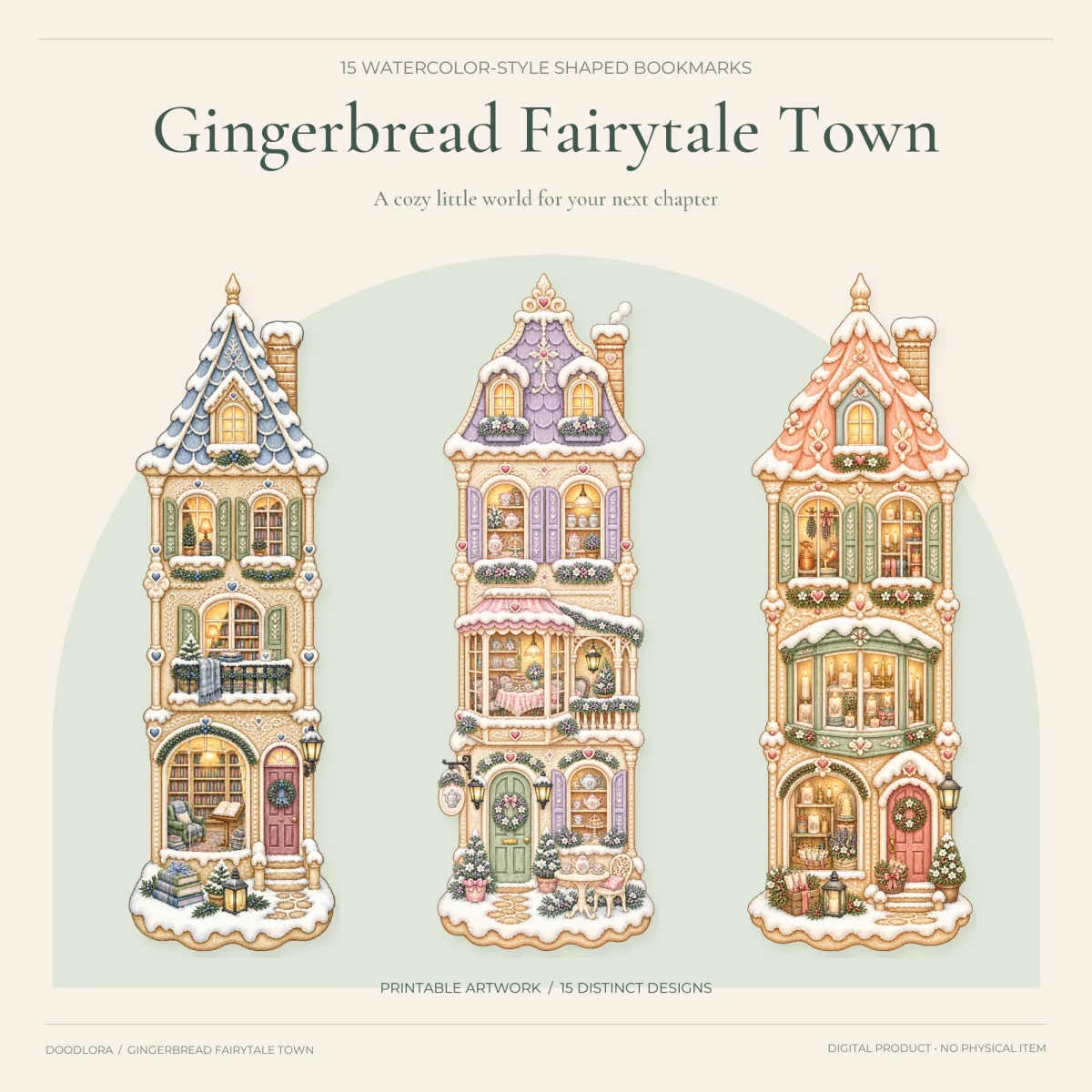 Three shaped gingerbread building bookmarks, a bookshop with a blue roof, a tea house with a lilac roof and a candle shop with a peach roof