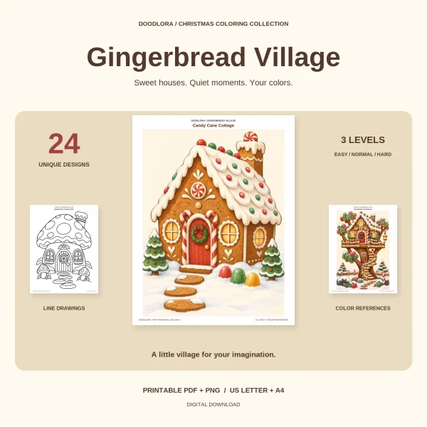 Candy Cane Cottage color page with white icing on the roof, a red door and gumdrops in the snow, between a mushroom outline and a colored treehouse