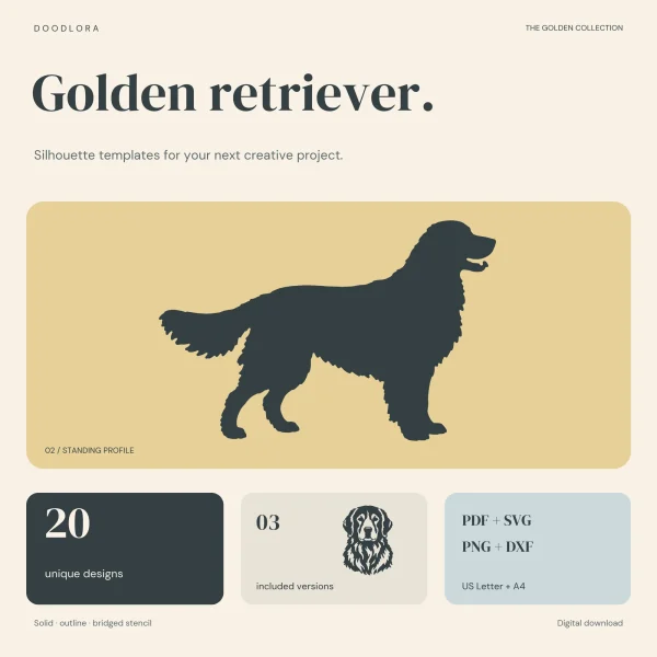 Dark standing Golden Retriever silhouette with its tongue out, above panels for 20 designs, three versions and the PDF, SVG, PNG and DXF formats