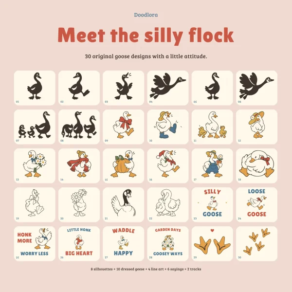 All 30 goose designs in a numbered grid, from dark goose silhouettes and dressed-up white geese to outline drawings, lettered sayings and orange footprints