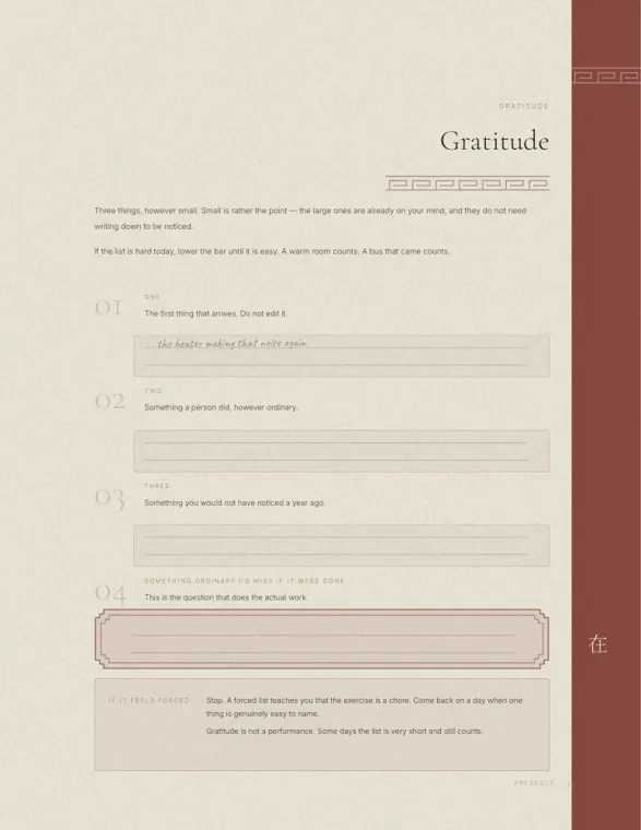 A Gratitude page with four numbered prompts and lined boxes, a handwritten sample answer on the first line, and a box headed If It Feels Forced