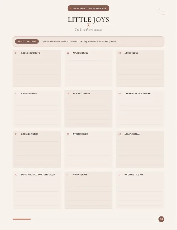 A Little Joys page with twelve boxes for categories such as a song I return to, a favorite smell, a texture I like and my own little joy