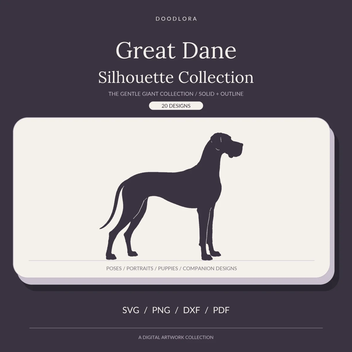 A standing Great Dane silhouette with natural folded ears and a long curved tail on a cream panel against a dark plum background