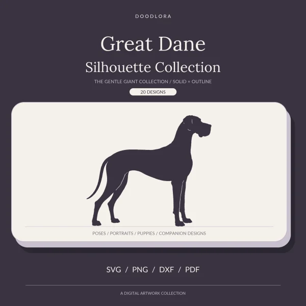 A standing Great Dane silhouette with natural folded ears and a long curved tail on a cream panel against a dark plum background