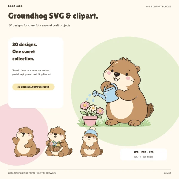 A cartoon groundhog watering a pot of pink flowers, with three smaller groundhogs waving, holding a flower basket and wearing a blue knit hat