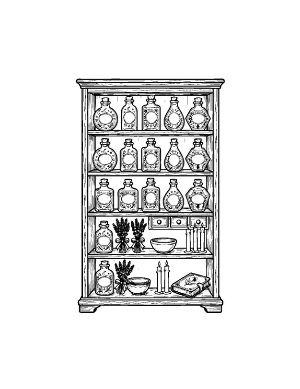 A black line drawing of a tall wooden cabinet with shelves of potion bottles, herbs, bowls, candles and a book