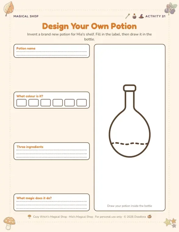 Design Your Own Potion worksheet with four labeled boxes on the left and a large outlined bottle on the right