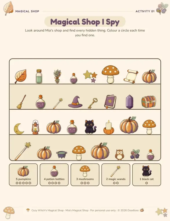 Magical Shop I Spy worksheet showing four shelves of objects and five counting labels for pumpkins, potion bottles, mushrooms, wands and a black cat