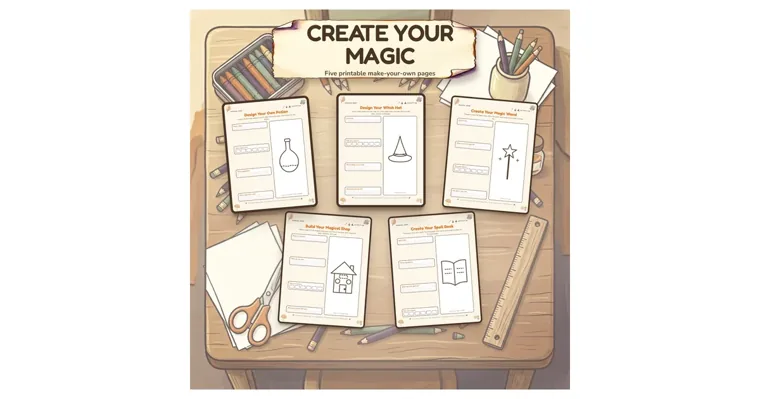Five printable design pages for a potion, witch hat, magic wand, magical shop and spell book on an illustrated desk with pencils and scissors