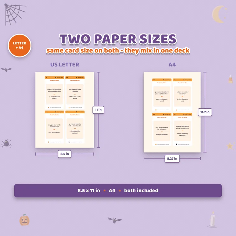 The same page of four Halloween would you rather cards printed on US Letter and on A4, with measurements of 8.5 by 11 inches and 8.27 by 11.7 inches, one card asking one king-sized candy bar or 50 fun-size candy bars