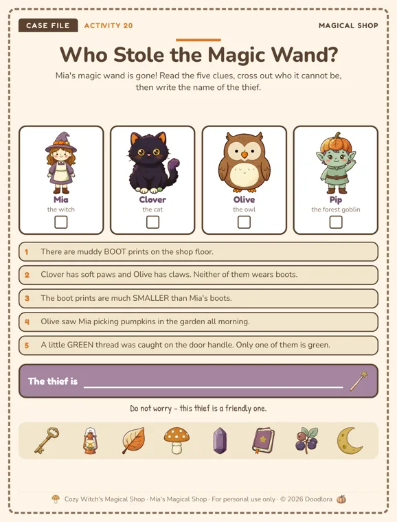 Who Stole the Magic Wand puzzle page with four suspect cards, Mia the witch, Clover the cat, Olive the owl and Pip the forest goblin, above five numbered clues and a line to write the thief's name