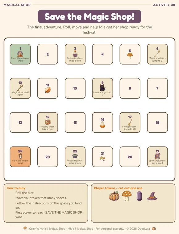 Save the Magic Shop board game page with 24 numbered spaces in a winding path, special spaces such as potion trouble, magic shortcut and lost cat, how to play steps and four player tokens to cut out