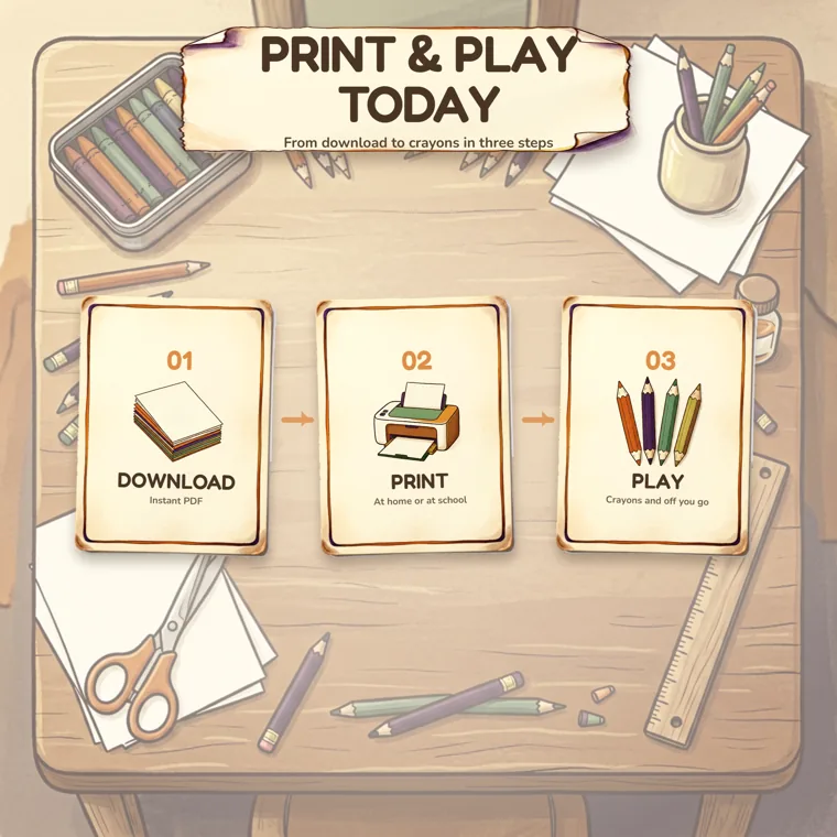 Three parchment cards reading Download, Print and Play laid across a wooden desk with crayons, colored pencils, scissors and paper, under the heading Print and Play Today