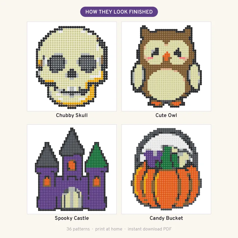 Four finished beaded Halloween pieces under the heading How They Look Finished: a chubby skull, a cute owl, a spooky castle and a candy bucket