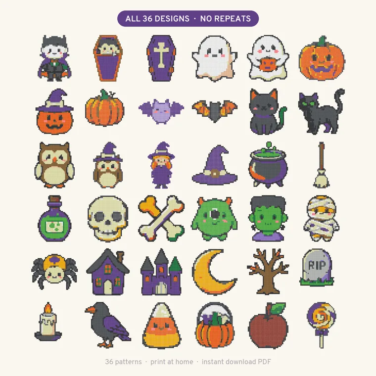 All 36 Halloween bead designs in a six-by-six grid under the heading All 36 Designs, No Repeats, from a vampire and coffins in the top row to a candle, raven, candy corn, candy bucket, apple and lollipop in the bottom row