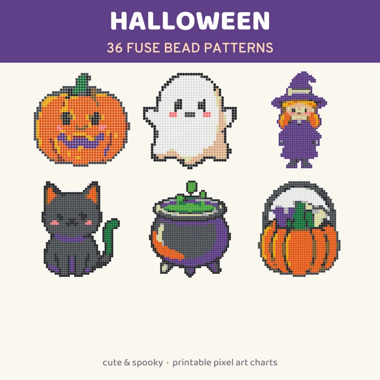 Six beaded Halloween designs, a jack-o'-lantern, a ghost, a little witch, a black cat, a bubbling cauldron and a candy bucket, under the title Halloween 36 Fuse Bead Patterns