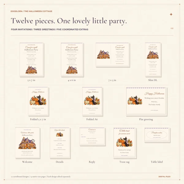 All twelve Halloween cottage pieces in three labeled rows, from the 5 x 7, 4 x 6, 7 x 5 and slim DL invitations to the reply card, treat tag and table label
