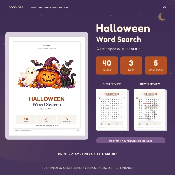 Halloween Word Search cover with a ghost, a jack-o'-lantern in a witch hat and a black cat, next to the Pumpkin Patch puzzle and its answer