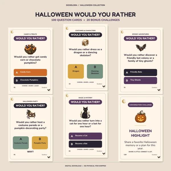 Six cream cards with purple and black banners, five question cards from each category and the Halloween Highlight challenge card