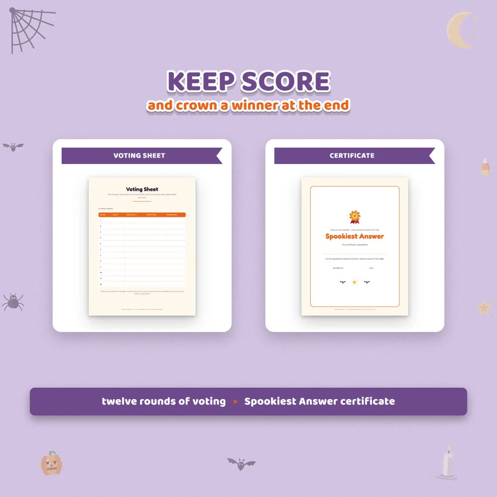 The Halloween voting sheet with rows for twelve rounds beside a Spookiest Answer certificate with a ribbon badge and lines for a name, the person awarding it and the date