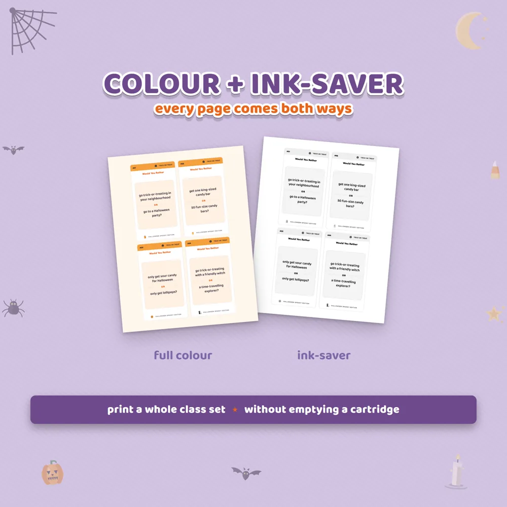 One page of four Halloween question cards shown twice, printed in full color on a cream background and in gray ink-saver on white, with a label under each version