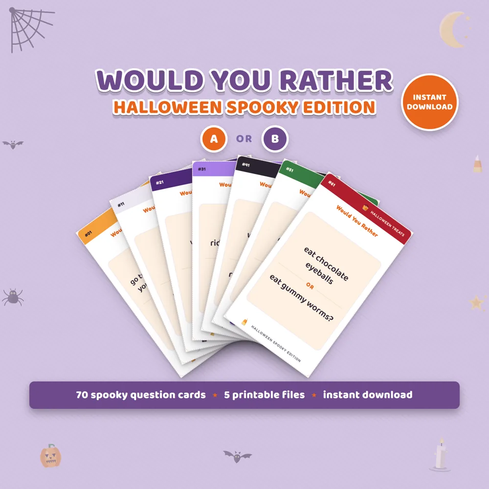 A fan of Halloween would you rather cards in seven colors, the front card asking eat chocolate eyeballs or eat gummy worms, on a lilac background with bats and a crescent moon