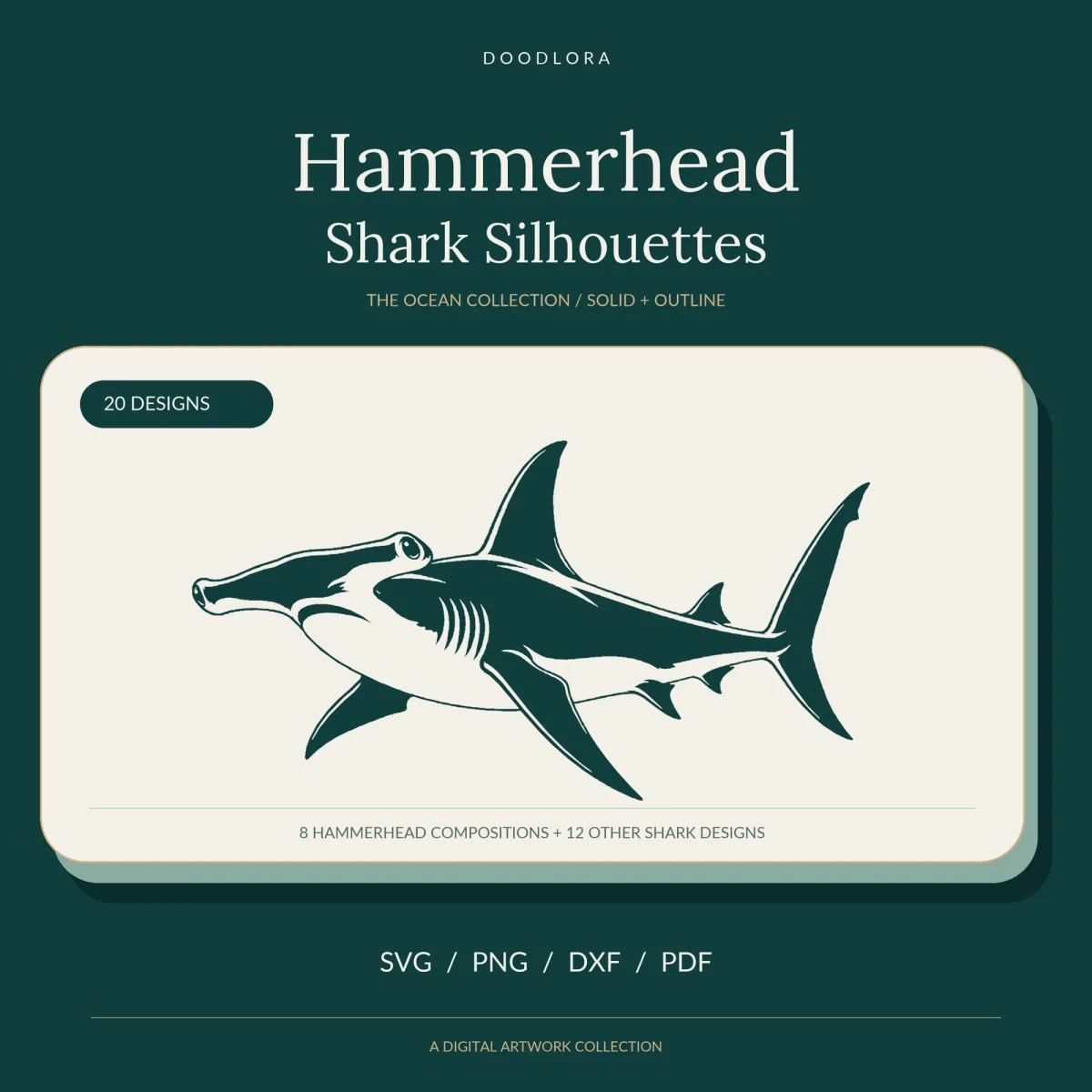 A dark green hammerhead shark seen side-on with pale gill slits and belly, under the title Hammerhead Shark Silhouettes, 8 hammerhead compositions and 12 other shark designs